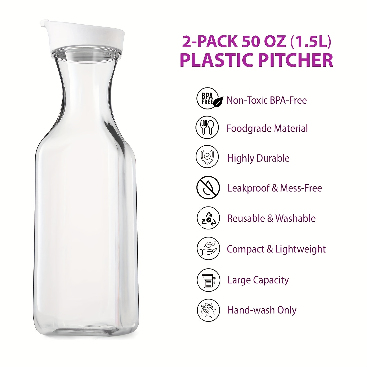 1.5 Liter (50 oz.) BPA FREE Plastic Carafe Pitcher Decanter Jug w/Black Lid  