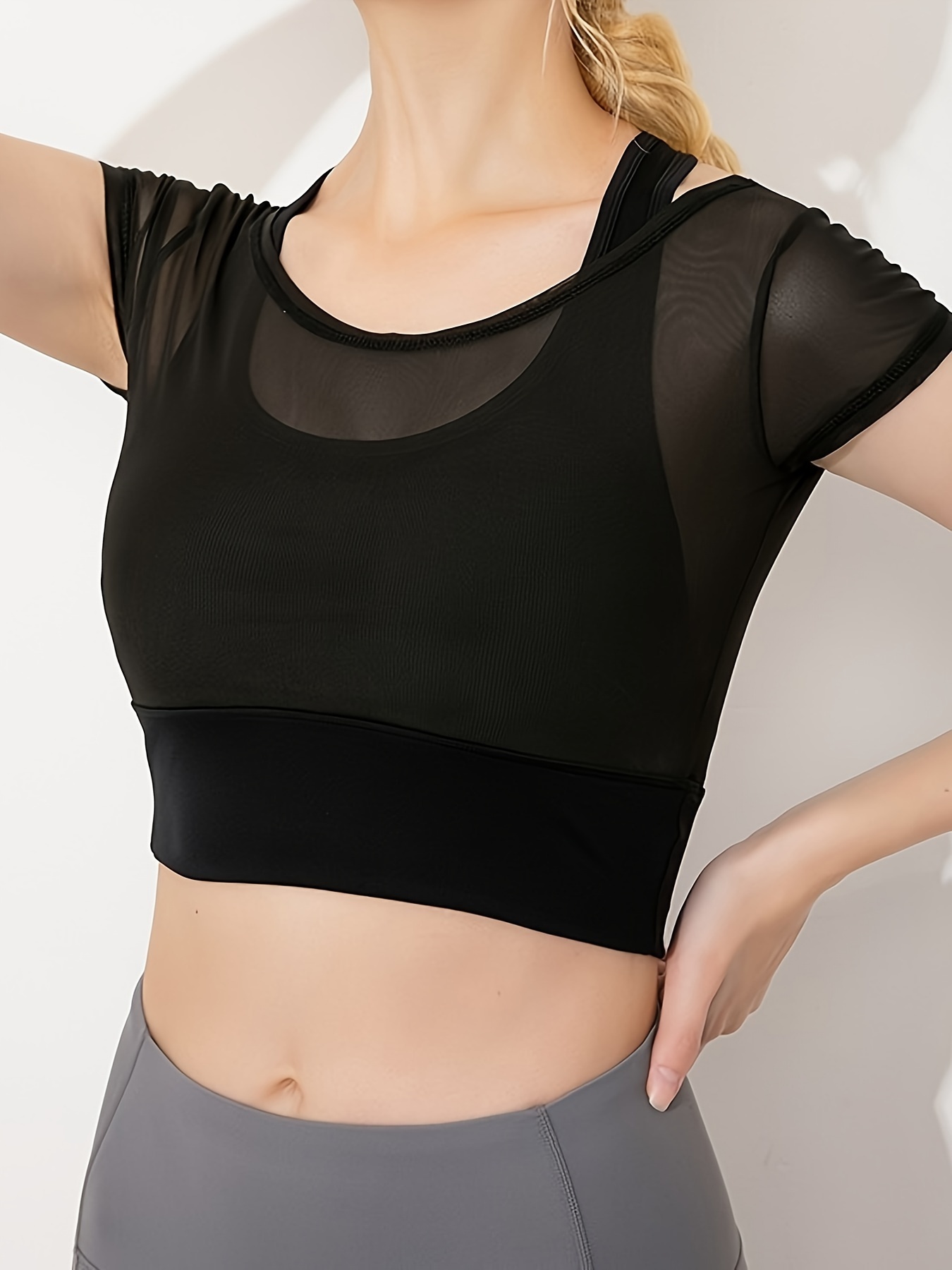 Contrast Mesh Shockproof Yoga Top, Round Neck *-Stretch Workout Crop Top,  Women's Activewear