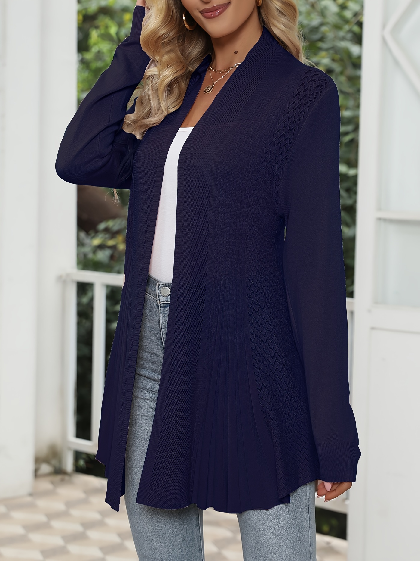 Solid Open Front Pointelle Knit Cardigan Casual Long Sleeve - Temu