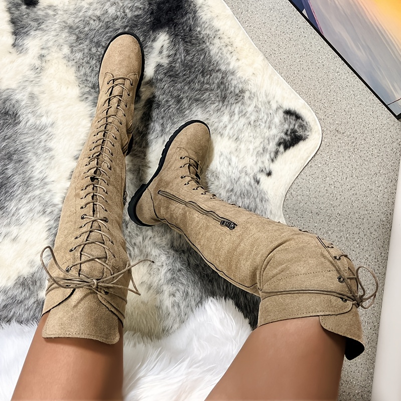 Women's Knee Boots Solid Color Lace Side Zipper Shoes Round - Temu 