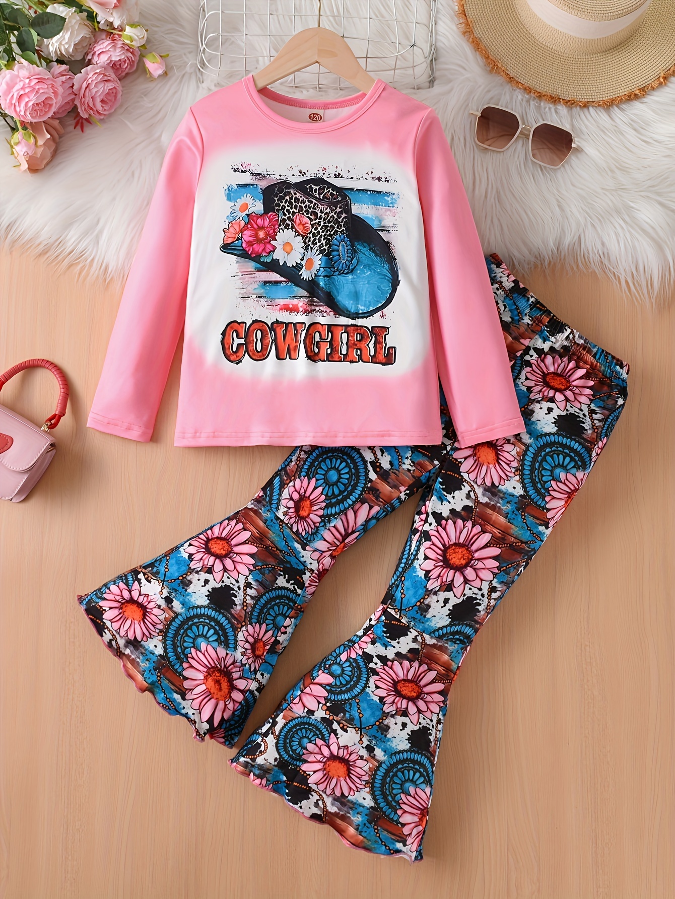 Girls Cowgirl Print T shirt Top + Flower Graphic Flare Pants - Temu