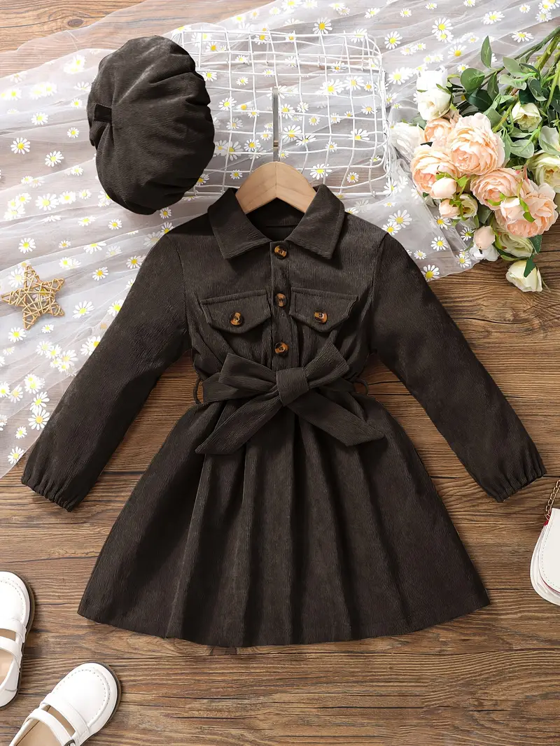 girls casual dress corduroy button front collar neck dresses with belt and hat set trendy kids autumn outfit details 5