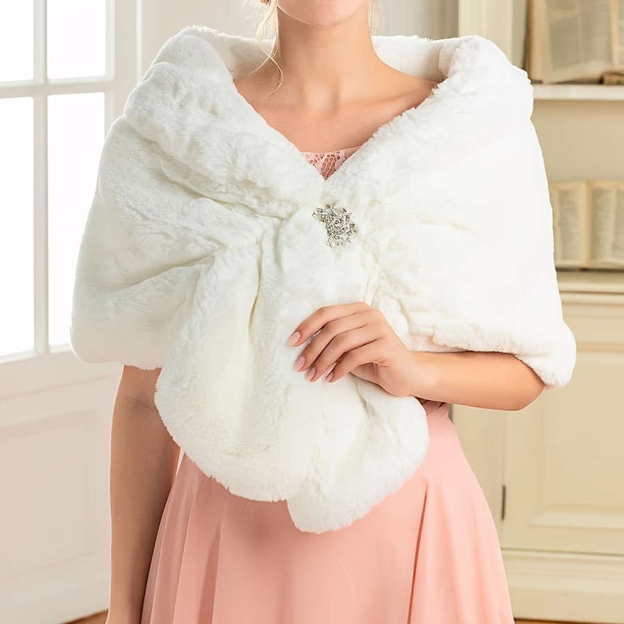 Solid Color Faux Fur Shawl, Elegant Style Thickened Warm Furry Cape With  Rhinestone Buckle, Wedding Dress Outside Warm Plush Shawl For Bridal - Temu  Ireland