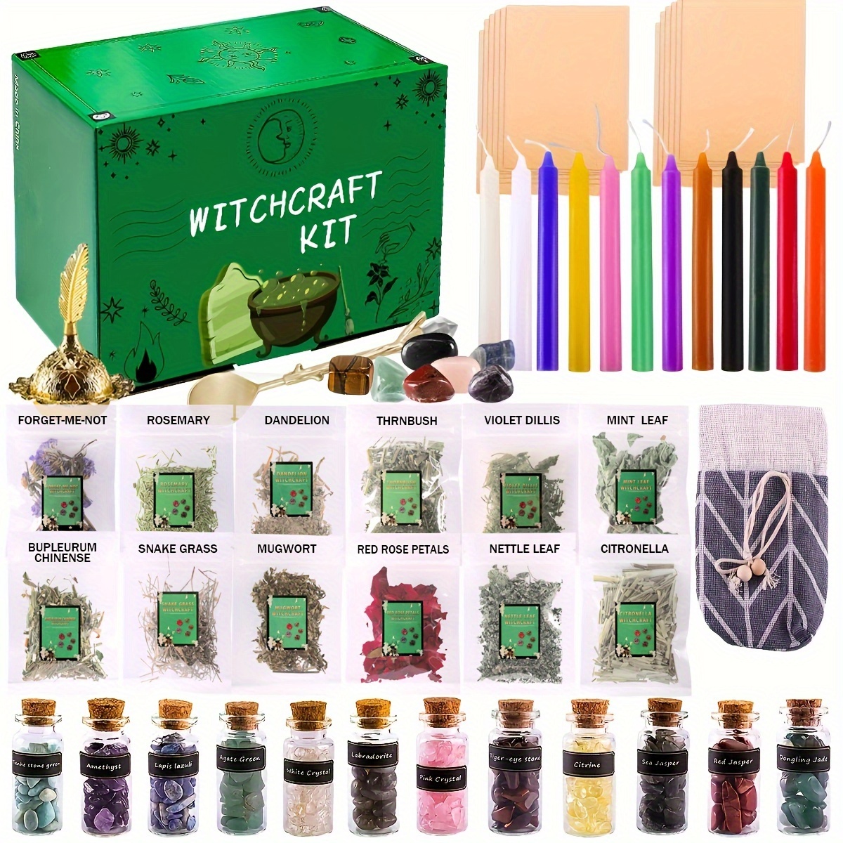 Wiccan Altar Supplies Witchcraft Kit Includes 60 Candles 10 Herbs 10  Crystal Stone 10 Parchment Witch