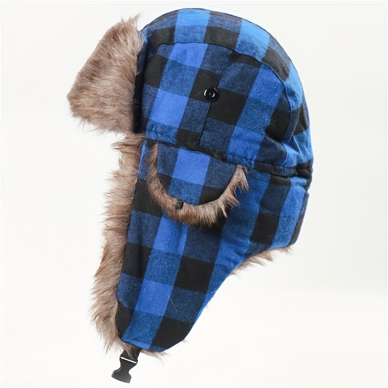 Classic Plaid Fleece Trapper Hat Goggles Unisex Coldproof - Temu