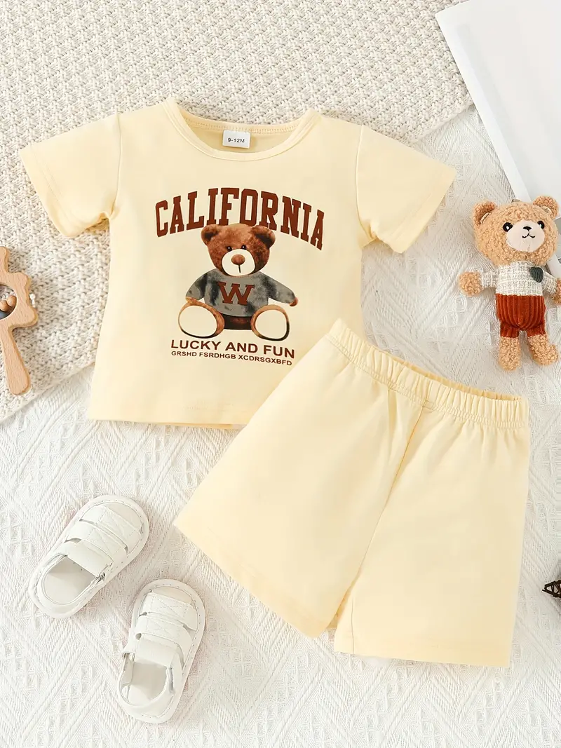 babys casual cute bear print outfit lucky and fun letter print short sleeve tee top shorts set for summer details 3