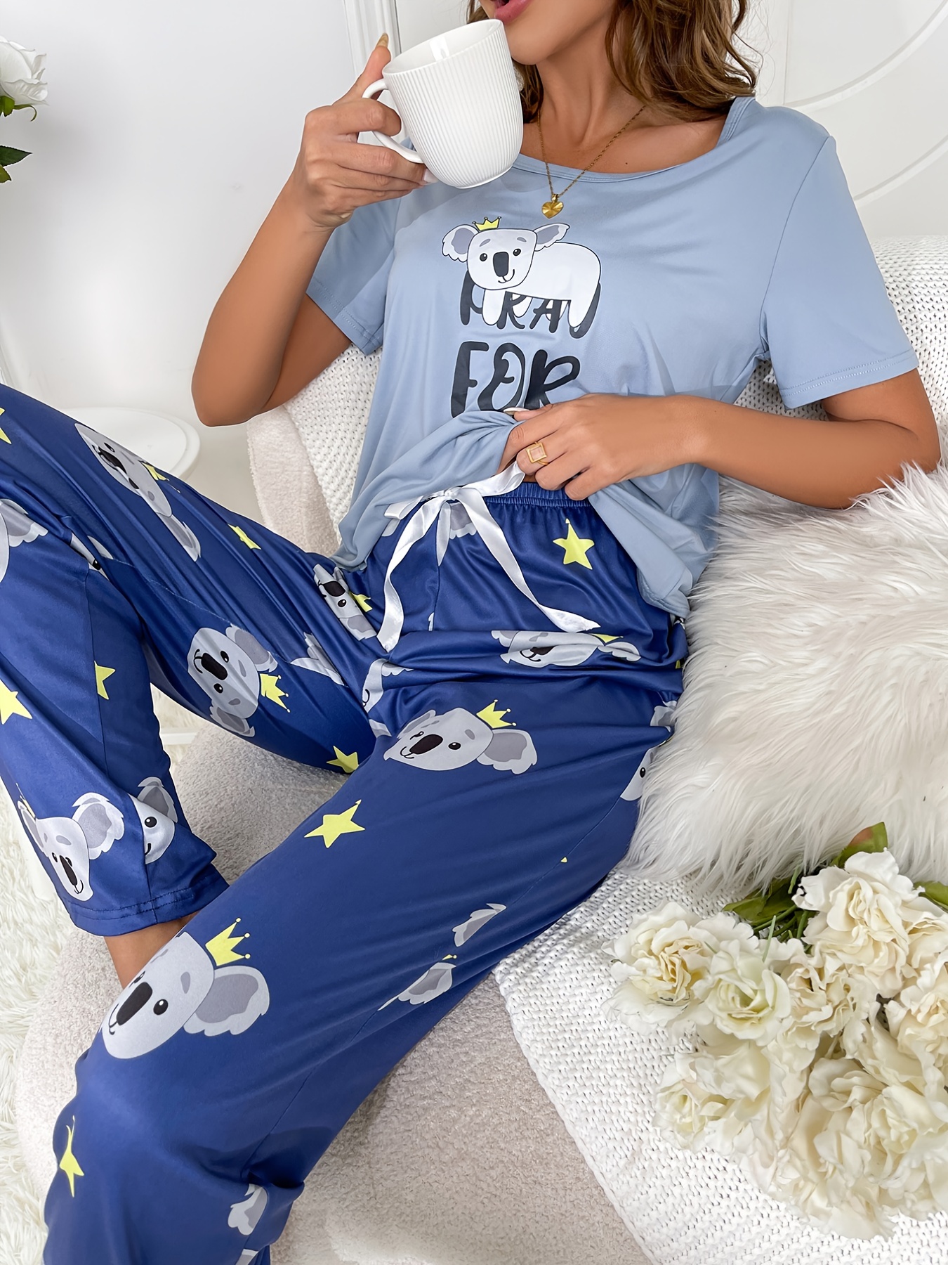 Cartoon Koala Print Short Sleeve Pullover Top & Pants Pajama Set, Cute  Summer Sleepwear, Women's Sleepwear & Loungewear