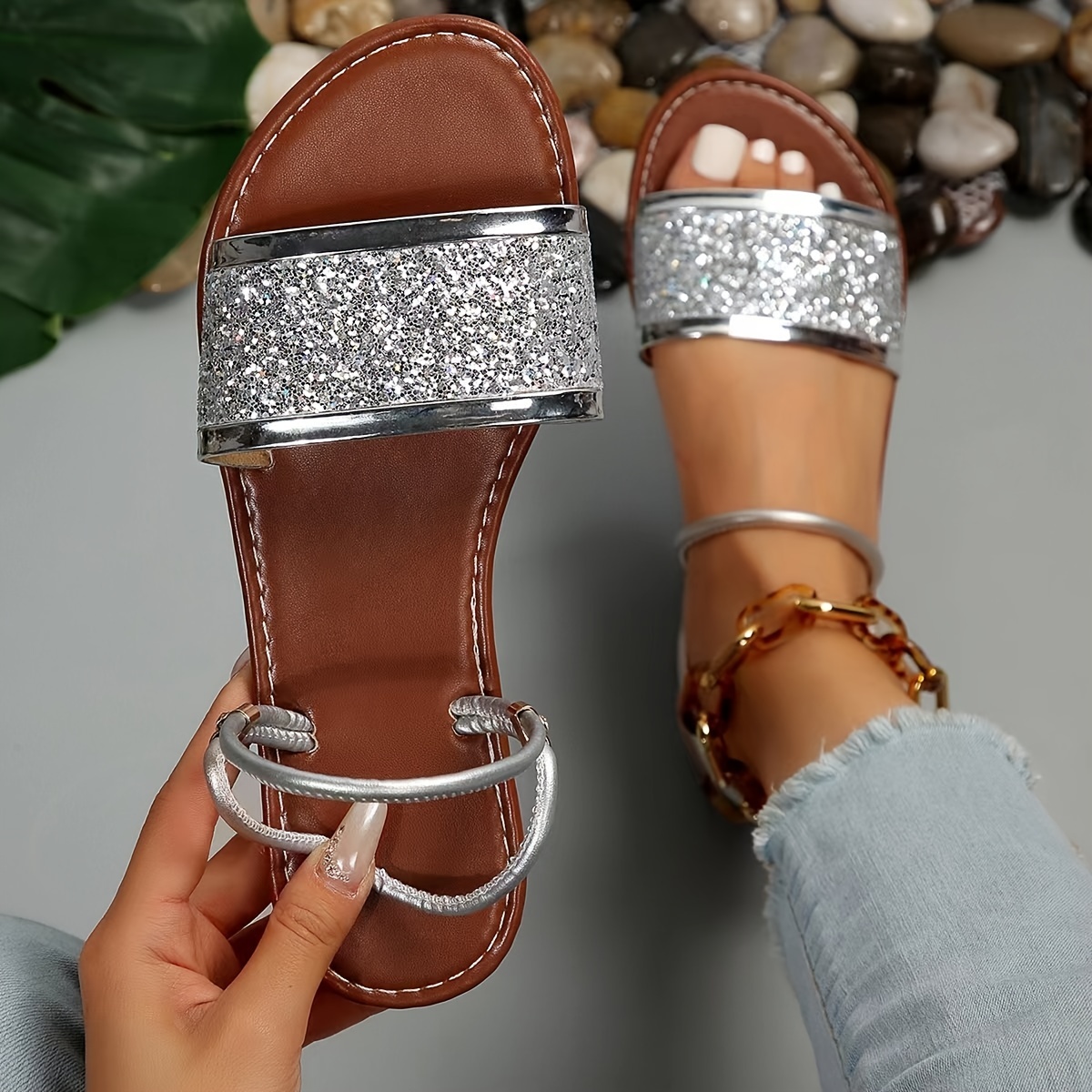 Women's Solid Color Flat Sandals Sequins Pattern Slip Open - Temu Canada