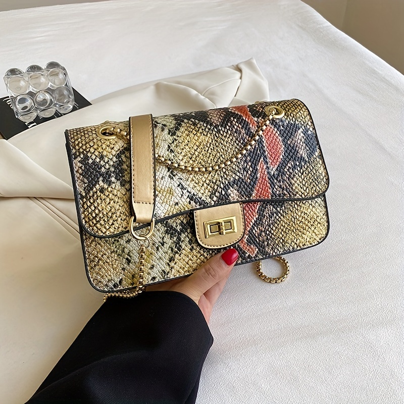 Luxury Snakeskin Pattern Shoulder Bag, Trendy Chain Crossbody Bag