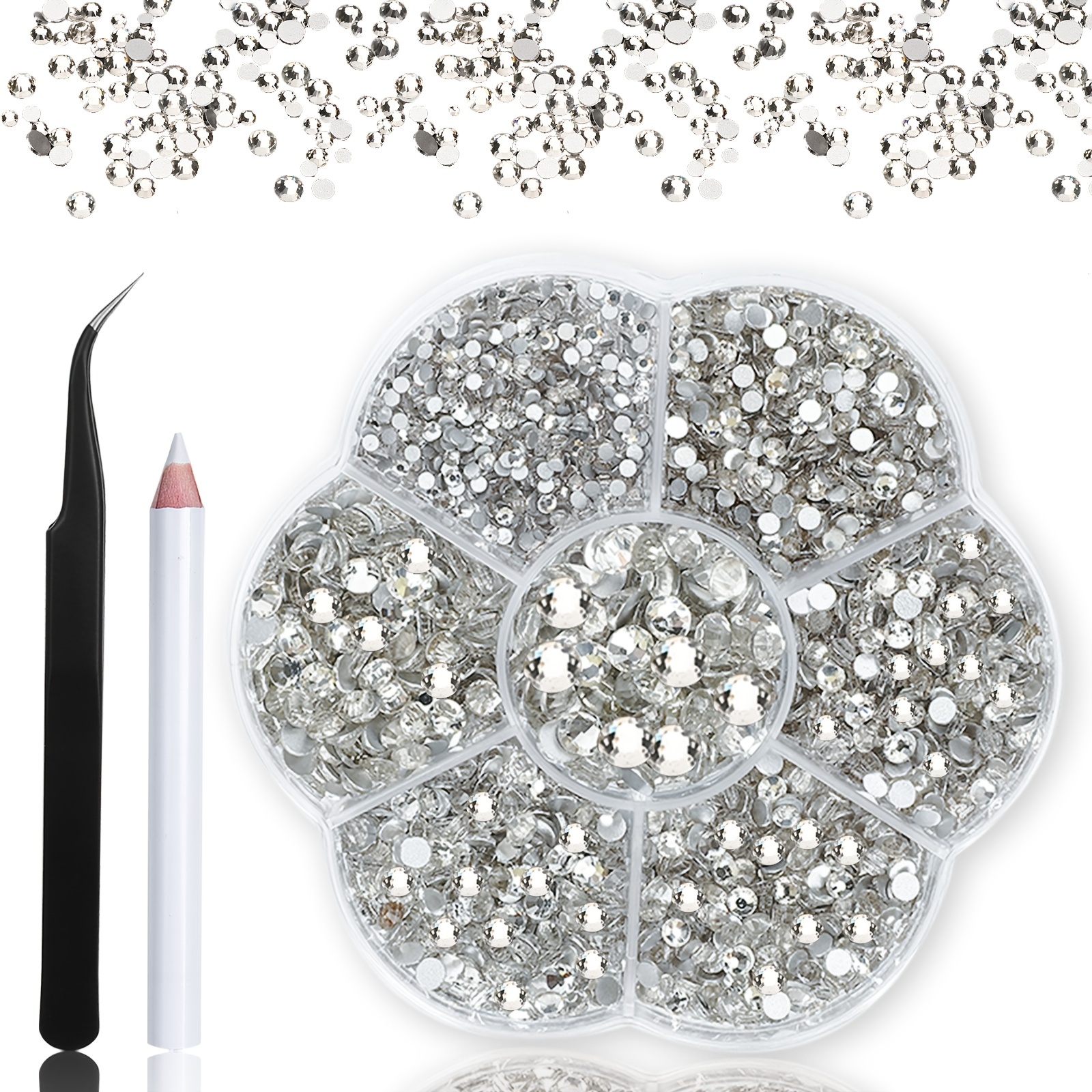 Beadsland Rhinestones for Makeup,8 Sizes 2500pcs Silver Flatback  Rhinestones Eye Gems for Nails Crafts with Tweezers and Wax Pencil,Silver