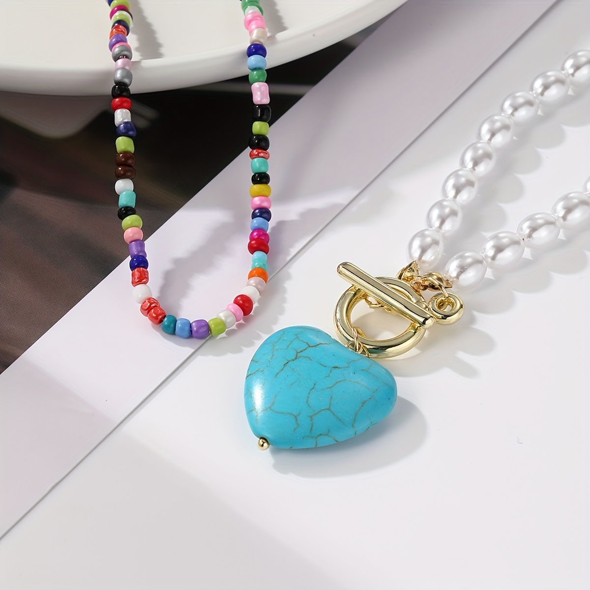 Boho Heart shaped Turquoise Pendant Colorful Rice Beads - Temu