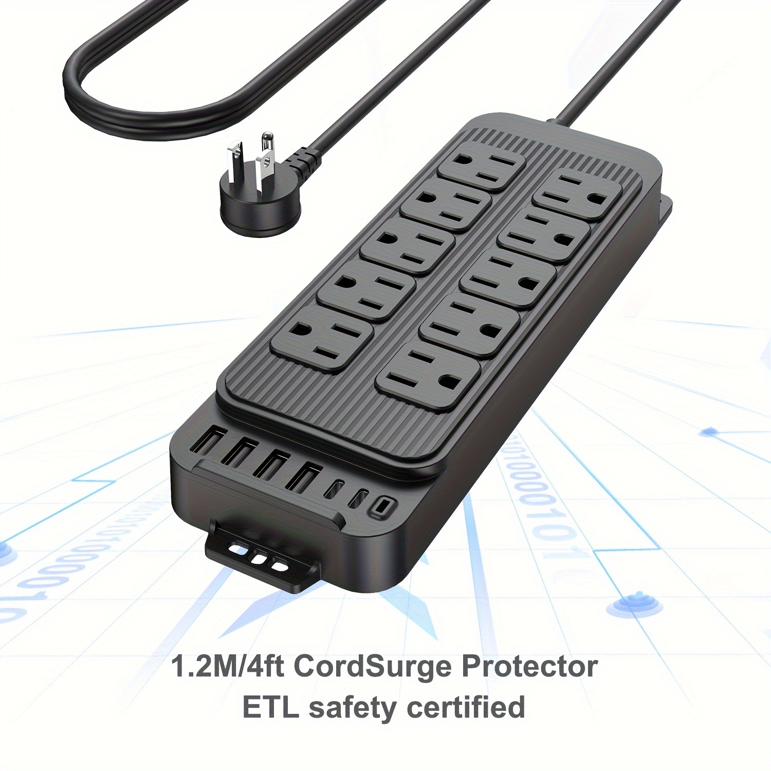Regleta protectora contra sobretensiones con 8 salidas y 4 puertos USB  (total 3.4 A) y 1 puerto tipo C, cable de extensión de 6 pies (1875 W/15  A)
