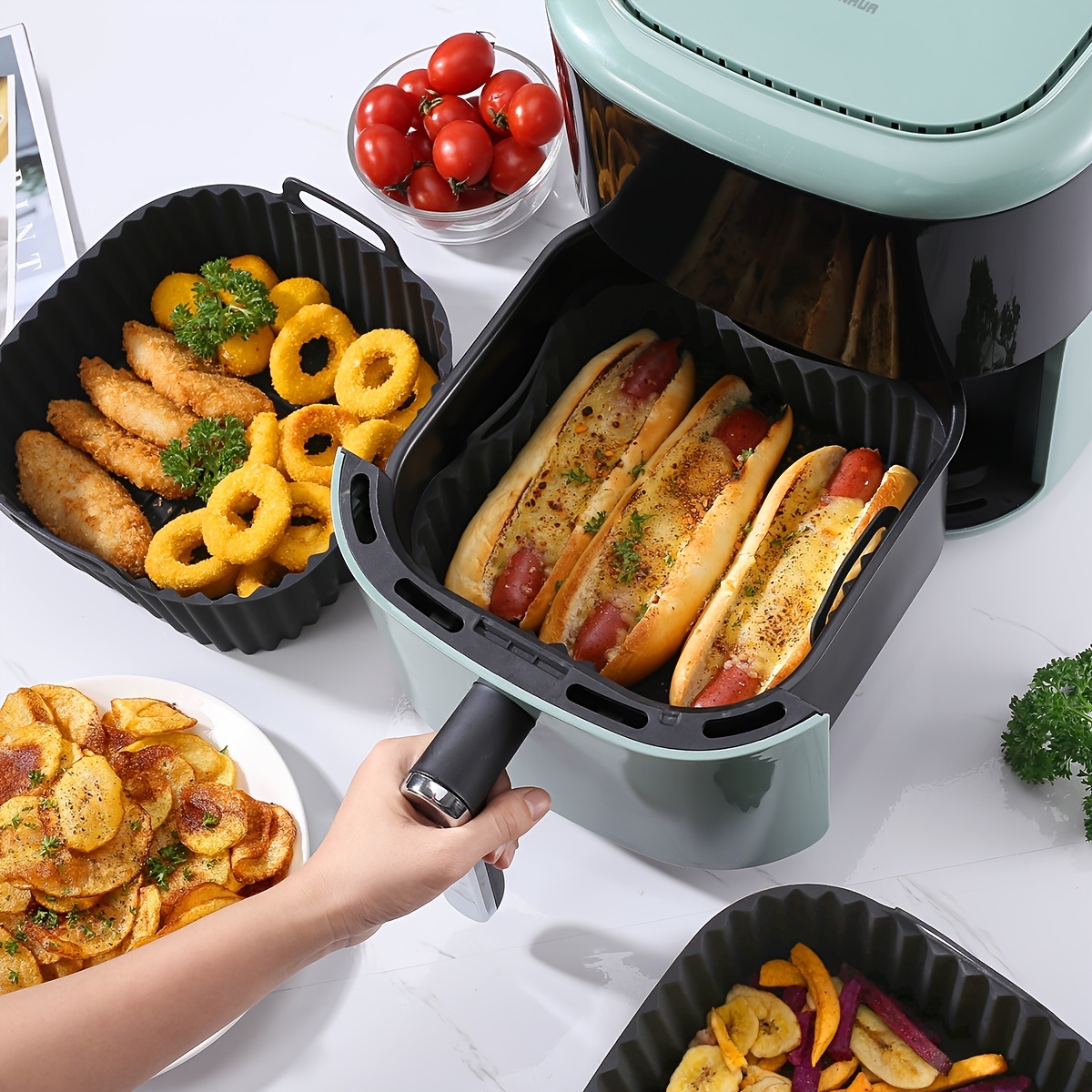  Silicone Air Fryer Liners, 8'' Square 4 to 7 QT Reusable Heat  Resistant Food Grade Airfryer Silicone Liners Inserts Baskets Bowl  Accessories for COSORI Instant Vortex CHEFMAN Air Fryer Oven Microwave 