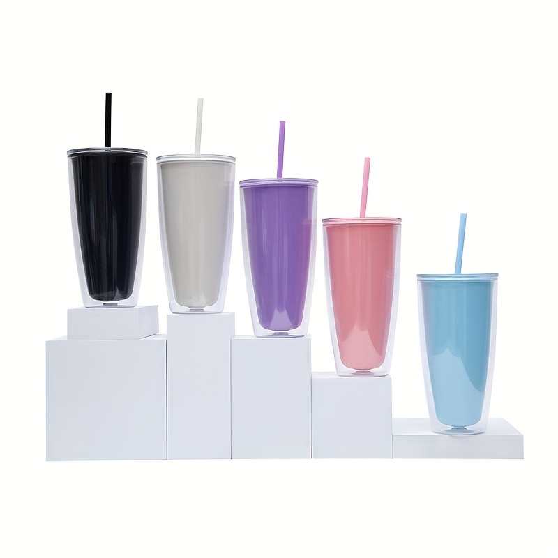 Ins Double Layer Tumbler Water Drinking Cup With Straw Bottle Cute  Colourful Reusable Plastic Gift Present Hadiah - Temu