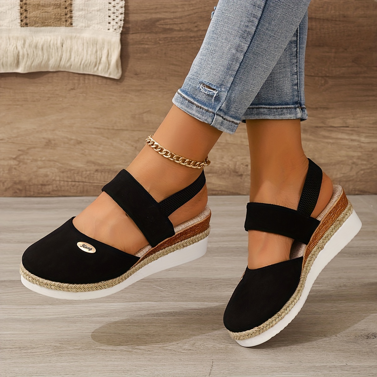 

Women's Solid Color Platform Sandals, Ankle Elastic Strap Closed Toe Shoes, Versatile Non-slip Wedge Shoes