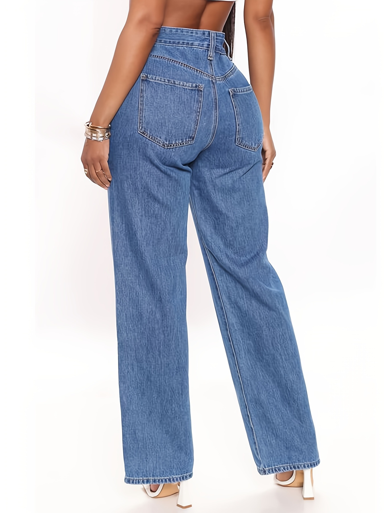 Jeans rectos de cintura alta con estampado floral, pantalones de mezclilla  holgados de tiro alto con bolsillos oblicuos, jeans y ropa de mujer