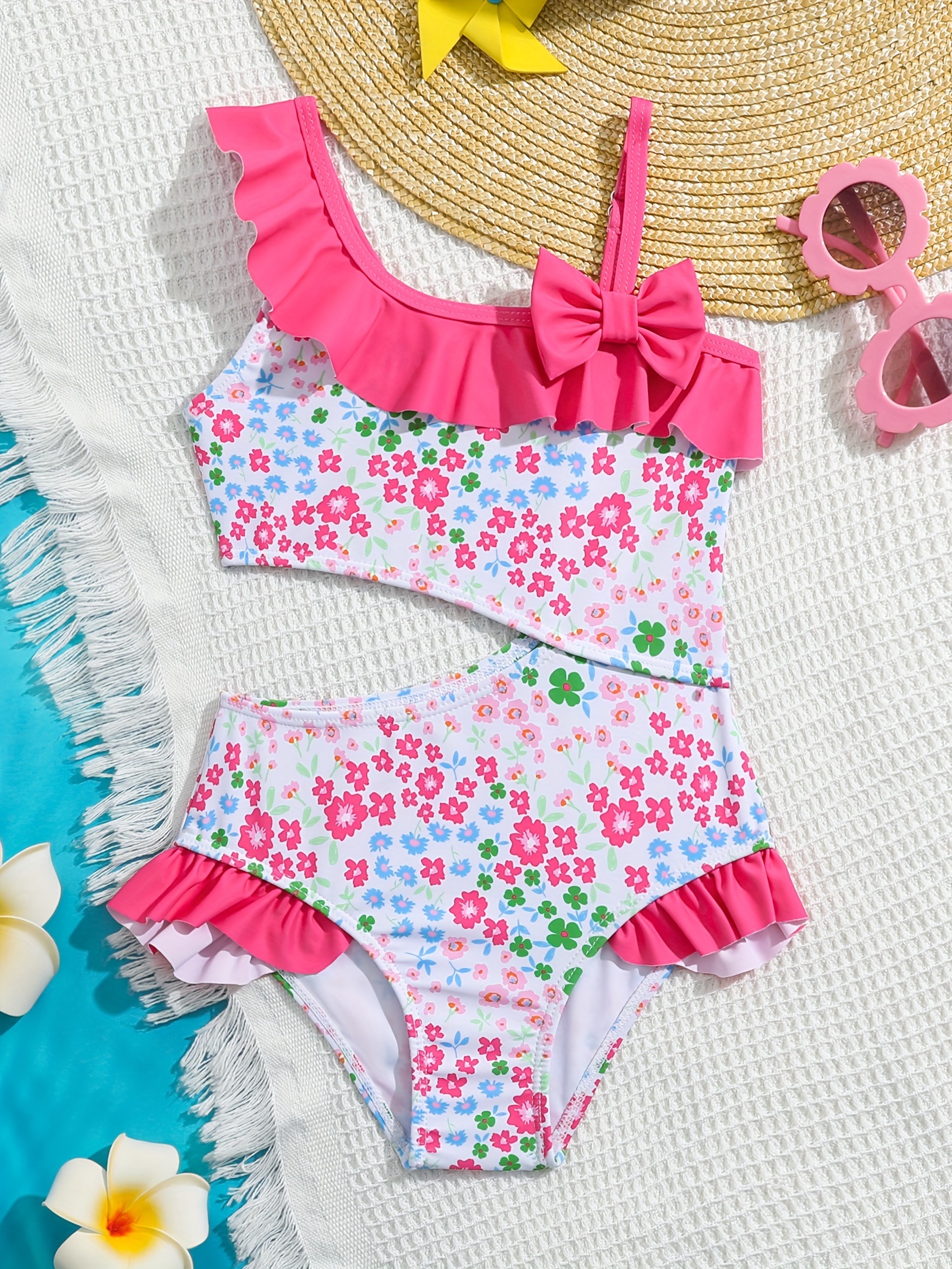 Floral Print Ruffle Short Sleeve Swimsuit Stretchy - Temu