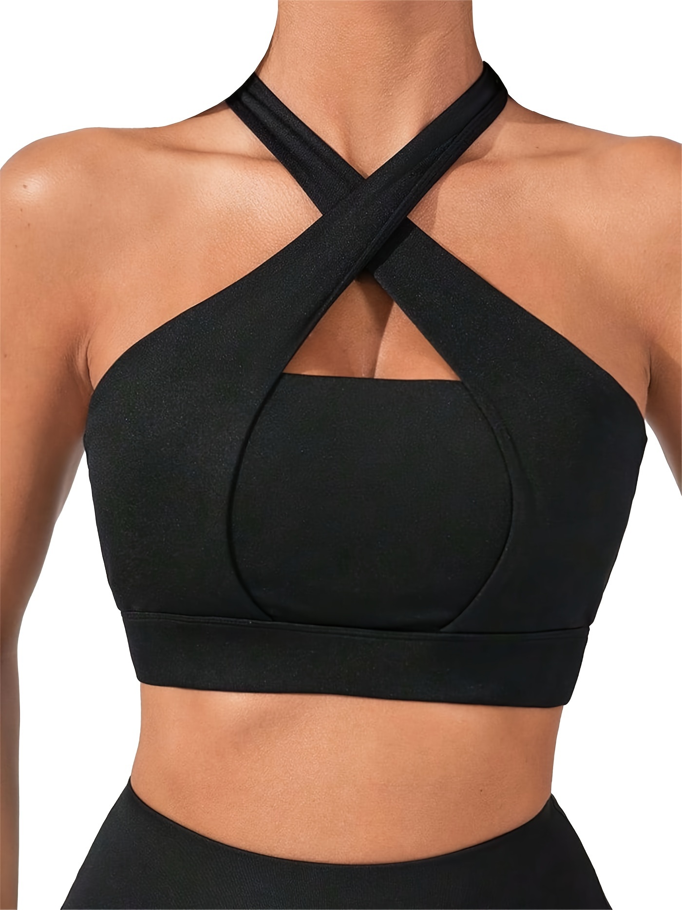 Plus Size Casual Sports Bra, Women's Plus Bra Comfort High Impact Cut Out  Wide Strap Racer Back Solid Stretchy Yoga Workout Bra
