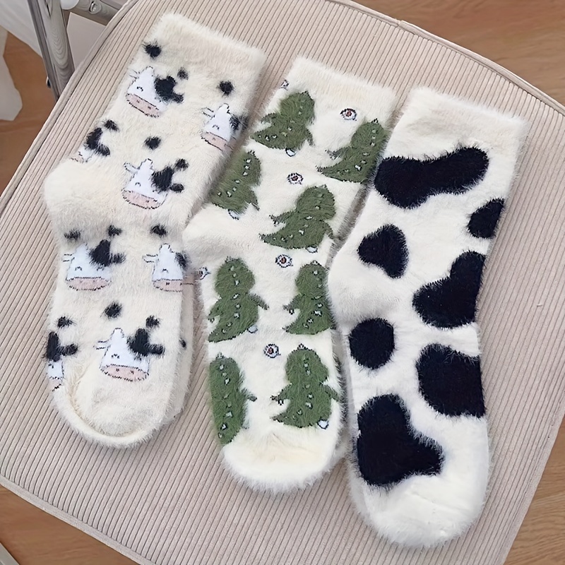 

3 Pairs Cartoon Print Plush Socks, Comfy & Soft Mid Tube Socks, Women's Stockings & Hosiery