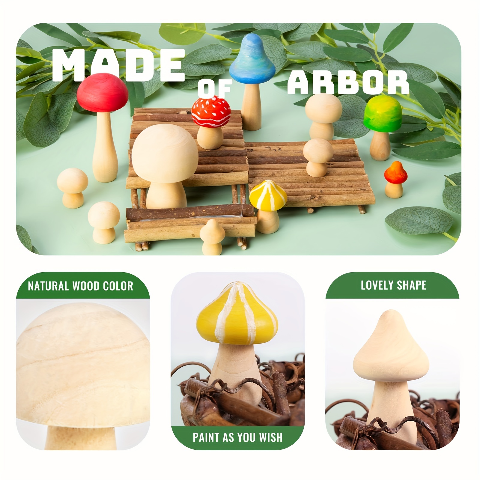 Unfinished Wooden Mushrooms Natural Mini Wooden Mushrooms Various Sizes Wooden Mushroom Figures Crafts, DIY Project Decorations Paint Colors Home Desk