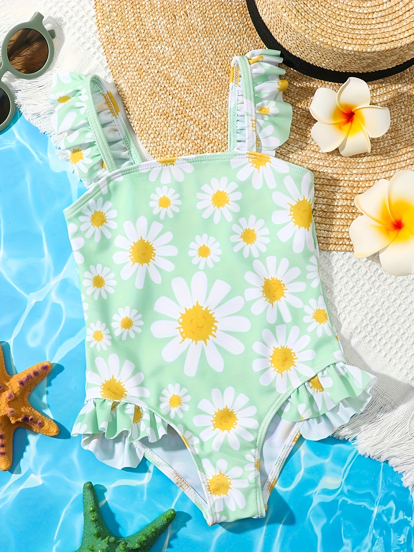 1pc Cute Swimsuit with Lace Trim and Straps