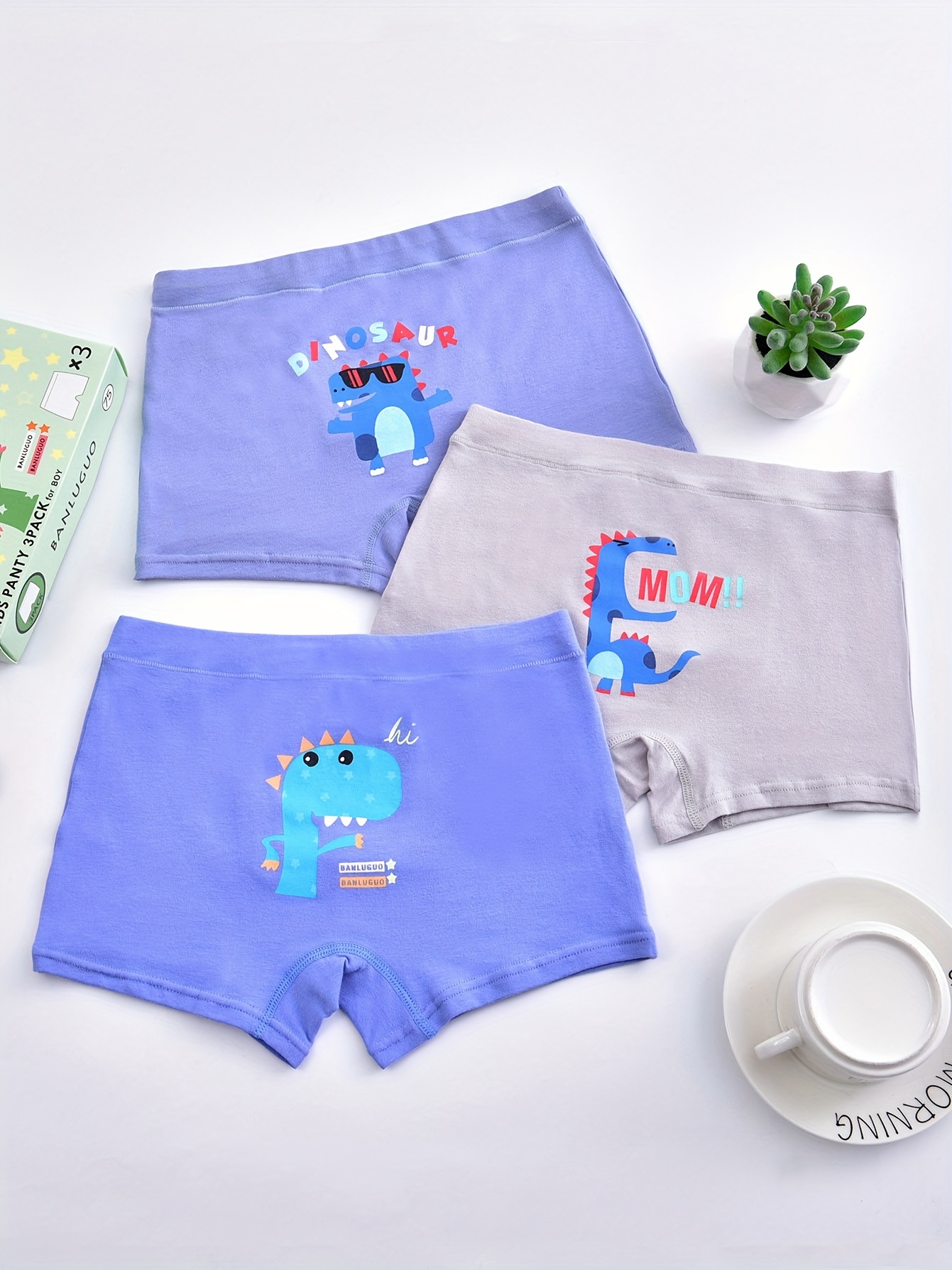 3ps Boy's Boxer Briefs, Cartoon Dinosaur Letter Print Elastic Waist Shorts,  Comfy Breathable Soft Underwear, Kids Clothes