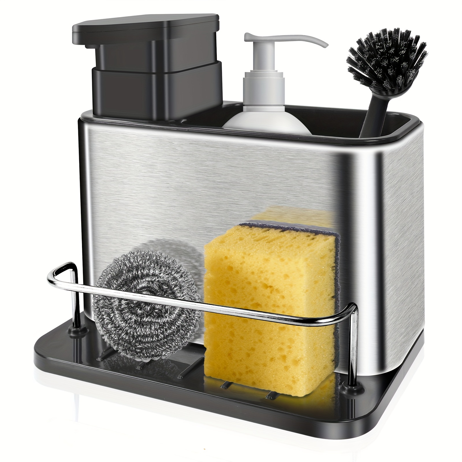Soap Dispenser with Sponge Holder,Liquid Hand and Dish Soap Dispenser and  Spong Caddy with Brush Holder 3 in 1 Countertop Organizer for Kitchen Sink