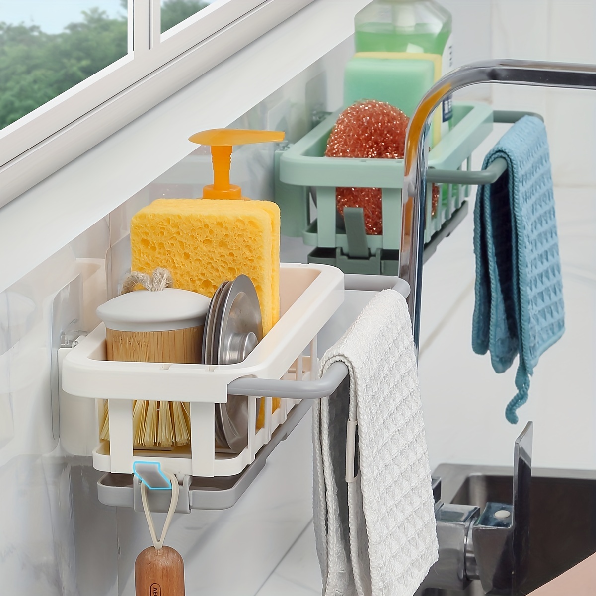  VANTEN Kitchen Sink Caddy Sponge Holder Sink Organizer, Sink  Tray Drainer Rack, Soap Dish Dispenser Brush Holder Storage Accessories  -Countertop or Adhesive