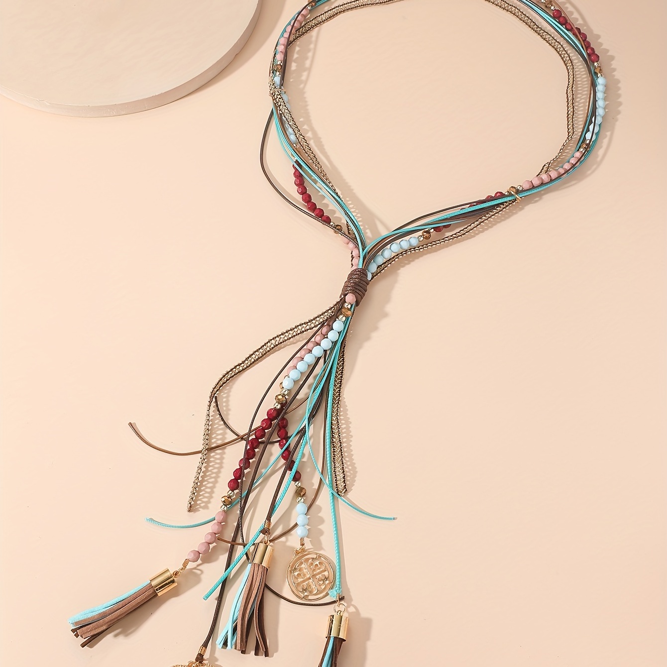 Boho Beaded Leather Tassel Long Necklace, Unique Style