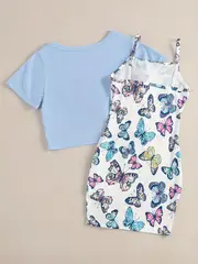 girls butterfly graphic twist knot short sleeve tee top cami dress set for party kids summer clothes details 15