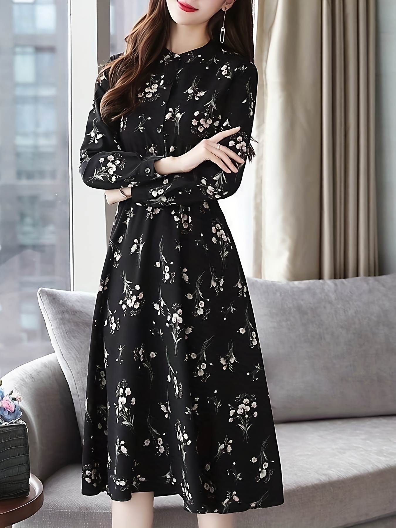 floral print slim waist dress elegant long sleeve midi dress womens clothing