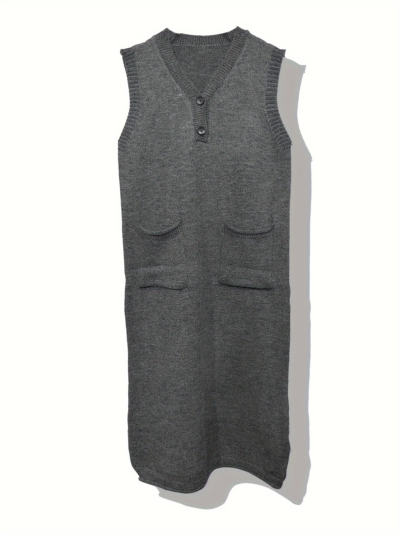 button decor sleeveless knit dress casual v neck dual pocket