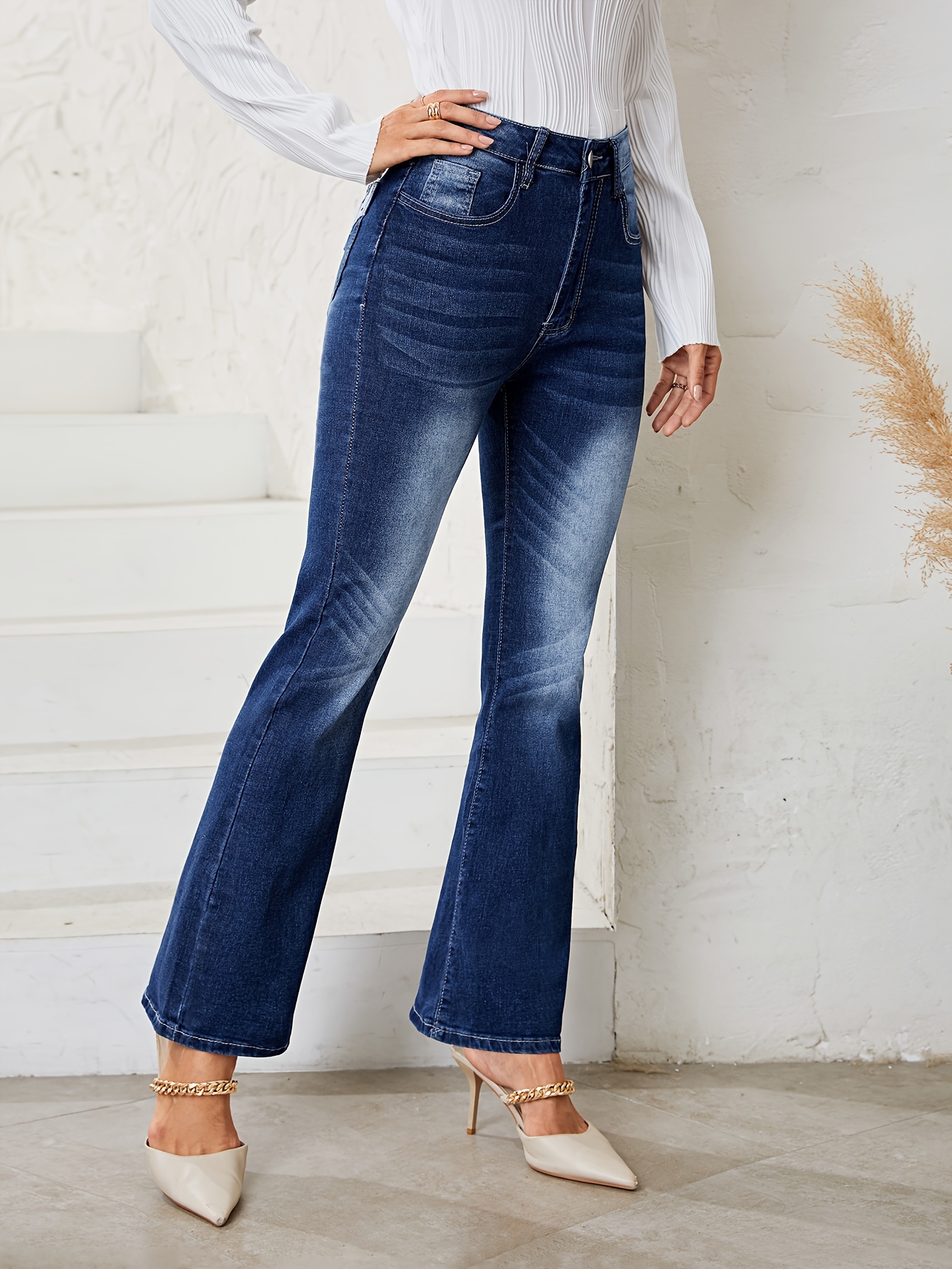 Embroidered Decor Washed Flare Jeans High Stretch Slant - Temu