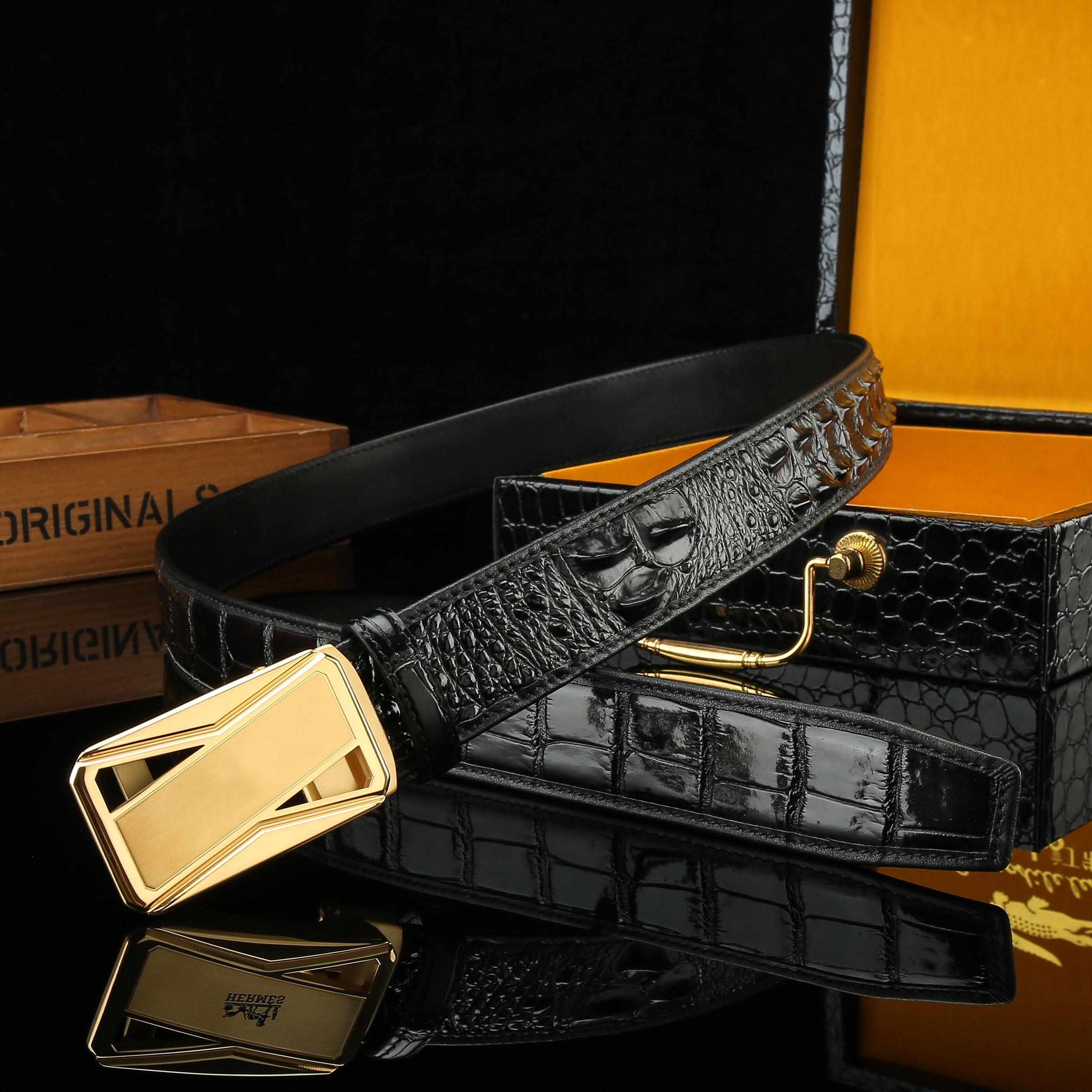 Men's Stainless Steel Black Belt With Gold Buckle