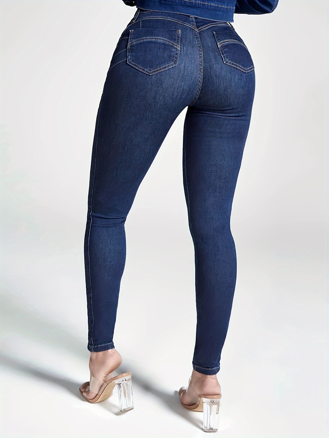 YYDGH Women's High Waist Butt-Lifting Skinny Jeans Leggings Pants Solid  Color Slim Denim Pencil Pants Dark Blue Dark Blue