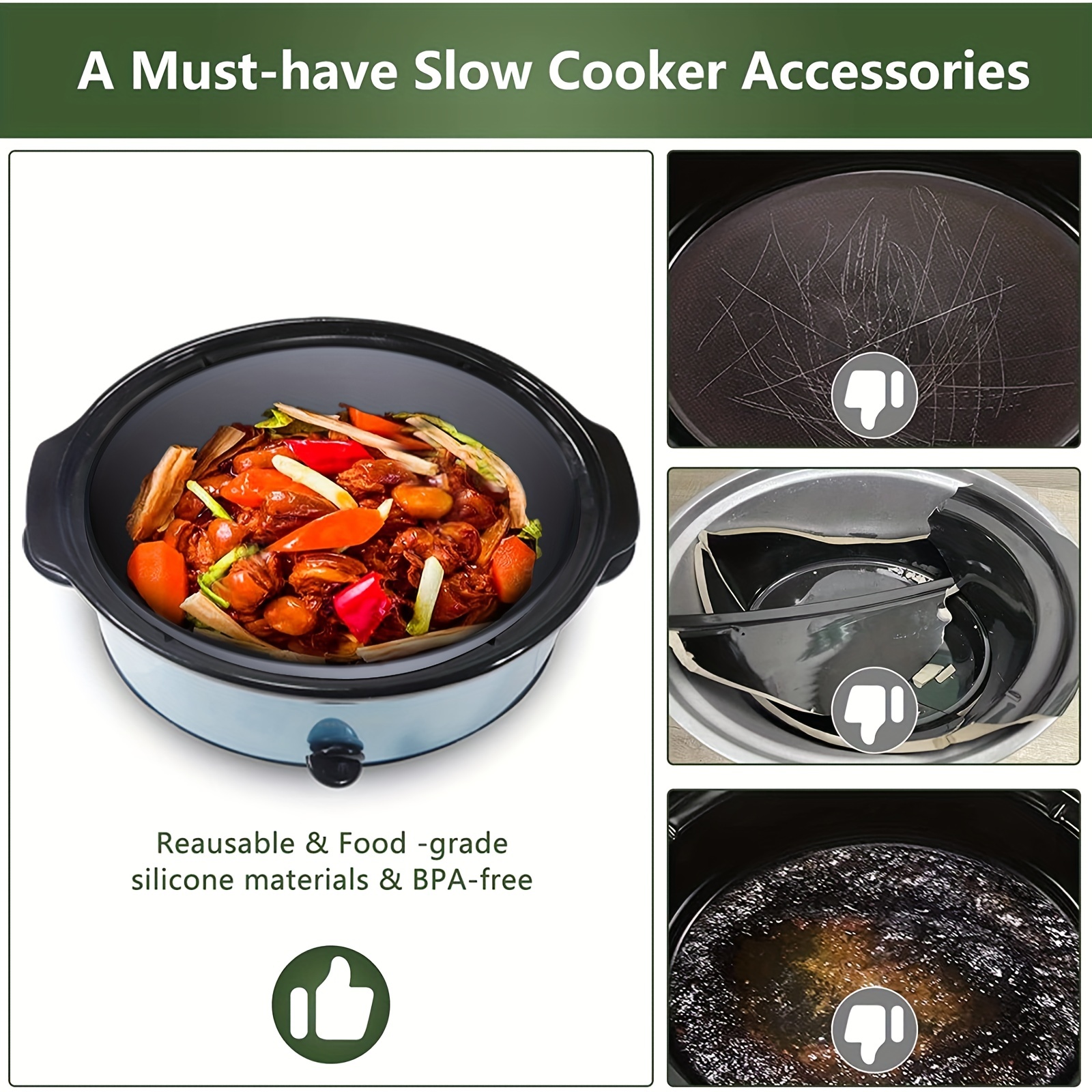 Silicone Crock Pot Liners Large Size w/Tongs, Single Reusable Silicone Slow  Cooker Liner