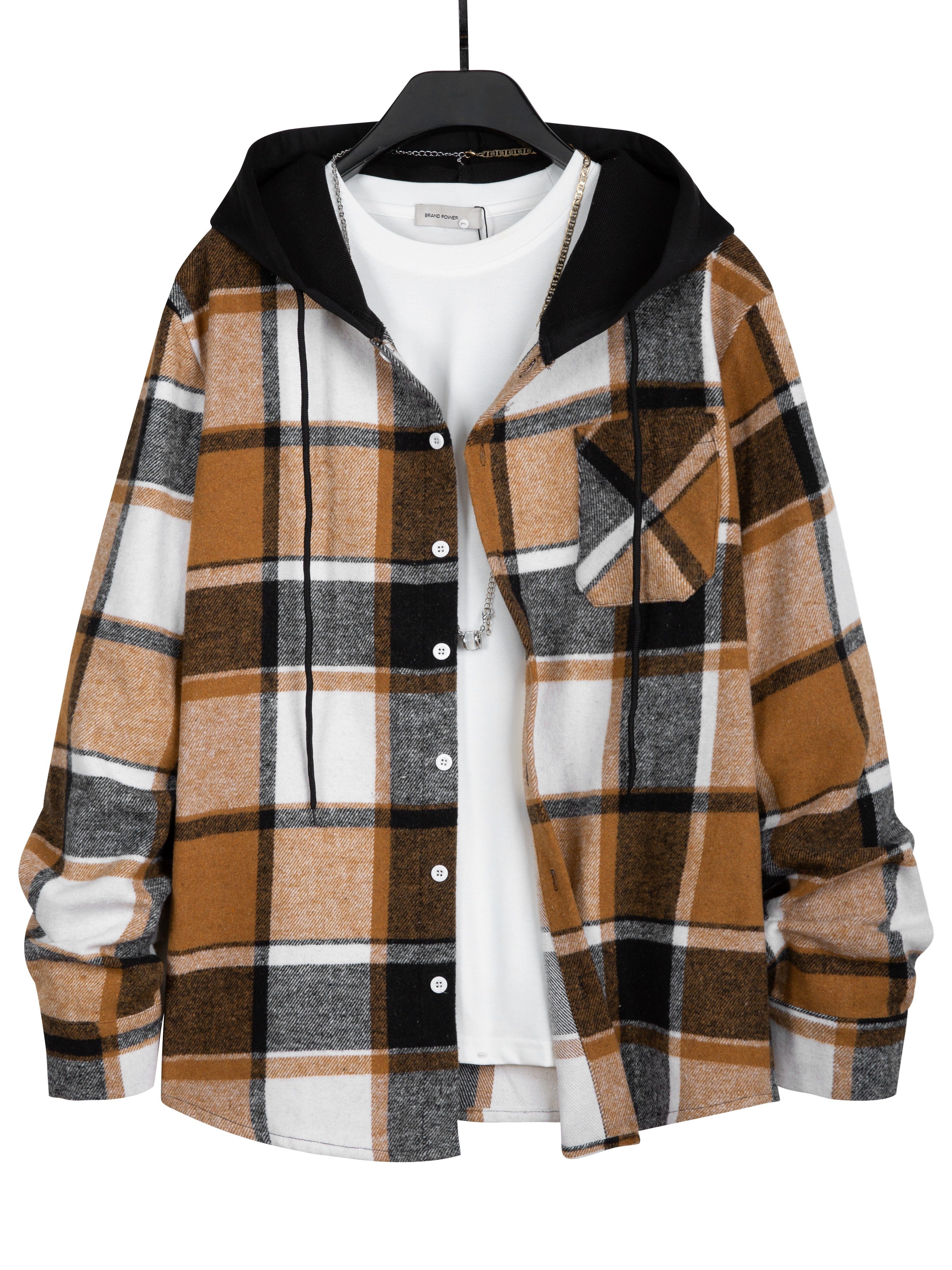 Big Plaid Pattern Men's Color Block Hooded Long Sleeve Shirt - Temu