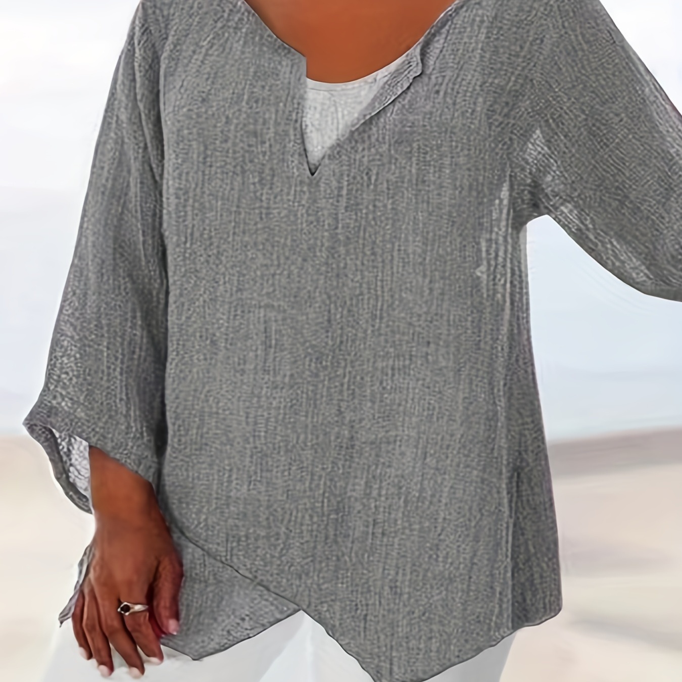 

Plus Size Causal Top, Women's Plus Plain Long Sleeve Thin Notched Neck Layered Breathable T-shirt