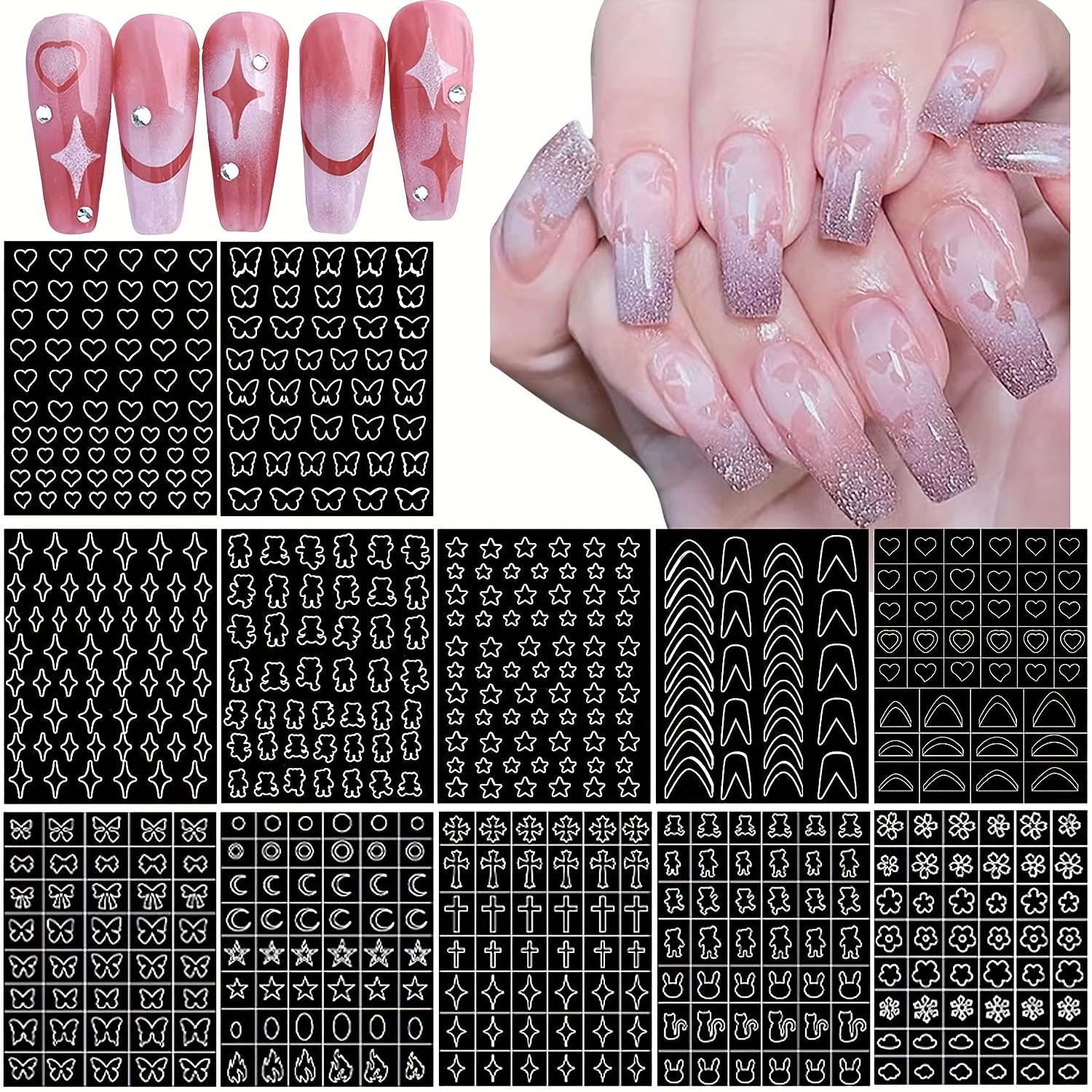Silvery Patterned Nail Art Stickers With Red Heart, Star, And Moon Shapes -  Self-adhesive Nail Decals For Easy Application And Stunning Designs - Temu