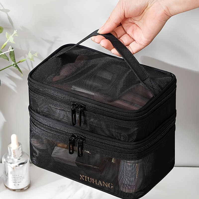 Double Layer Cosmetic Bag, Travel Mesh Cosmetic Storage Bag Large Toiletry  Bag Makeup Organizer