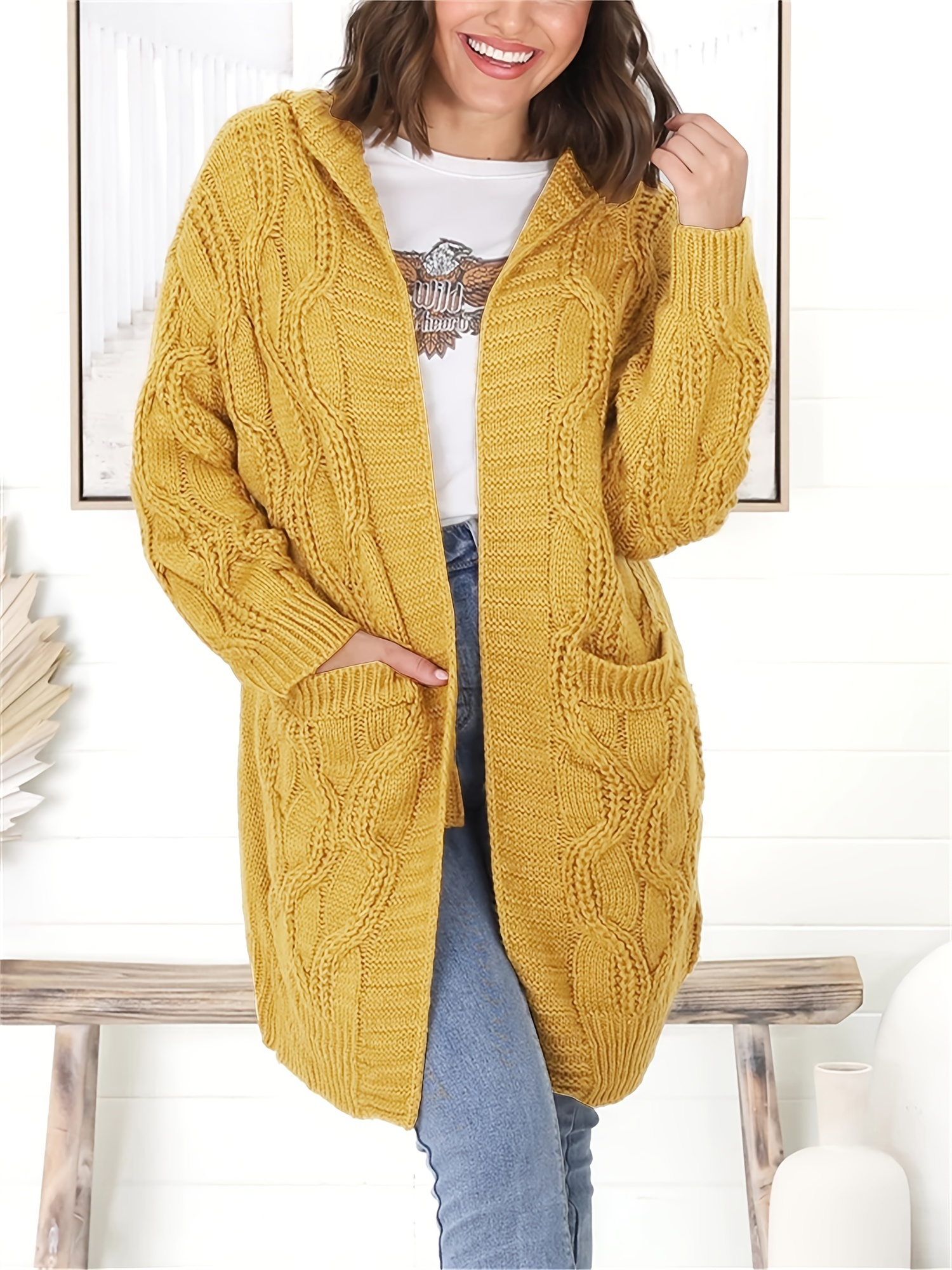 Women Hooded Long Cardigan Cable Knit Open Front Sweaters Solid