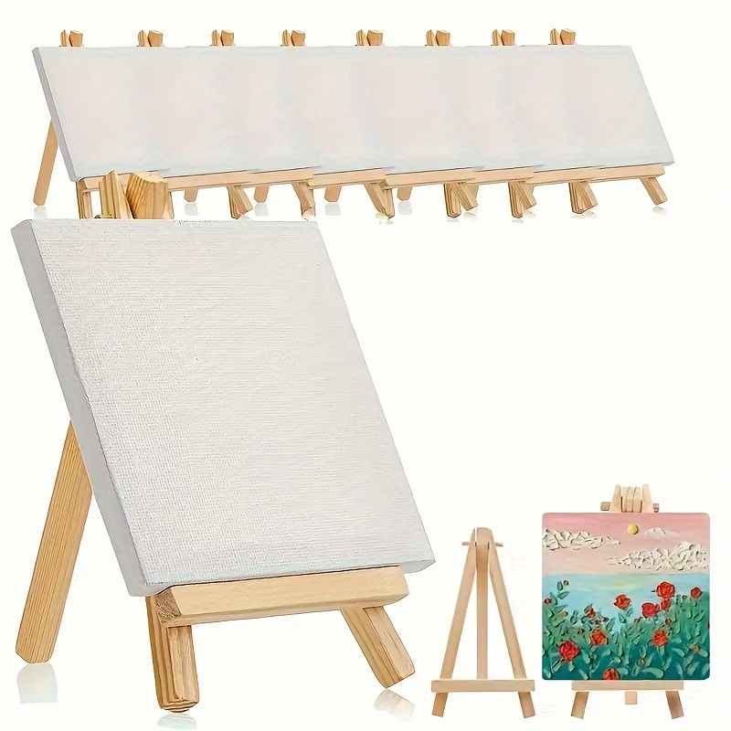 14Pcs Mini Canvas and Easel Brush Set, Canvas 4X4 Inch, Pre
