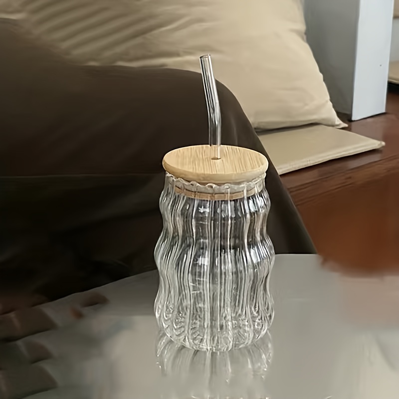 Drinking Glasses with Bamboo Lids and Glass Straw 16.9oz Waved