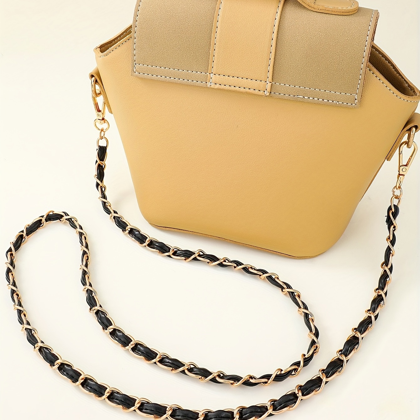 Metal Plus Synthetic Leather Purse Chain Strap Golden Black Pu