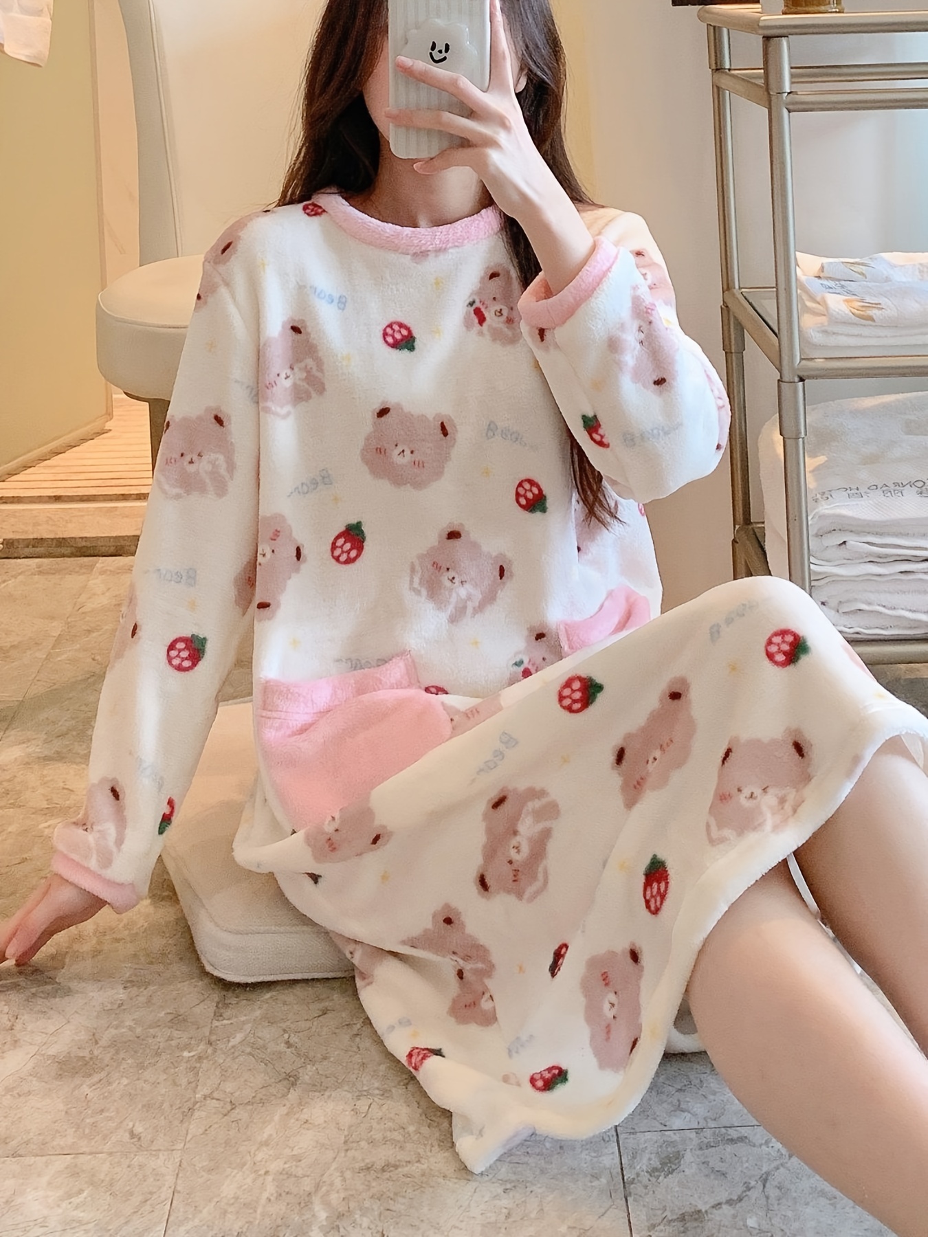 Bear Strawberry Print Plush Pajama Dress Comfy Cute Long - Temu Canada