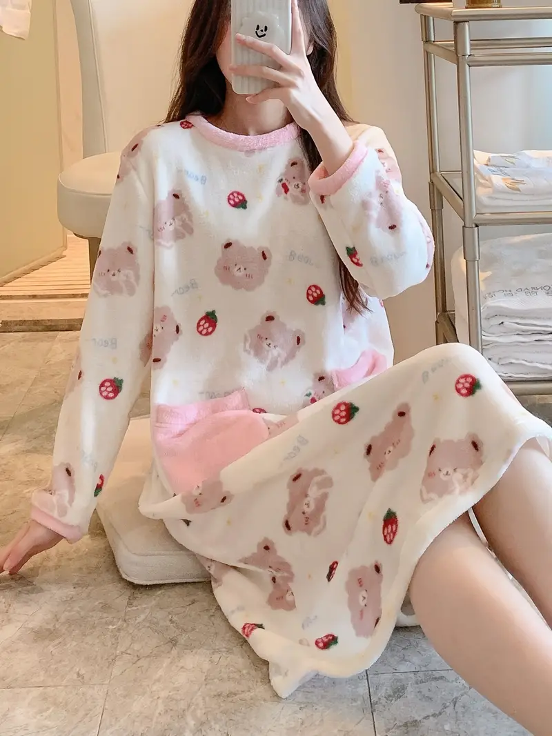 Bear Strawberry Print Plush Pajama Dress Comfy Cute Long - Temu