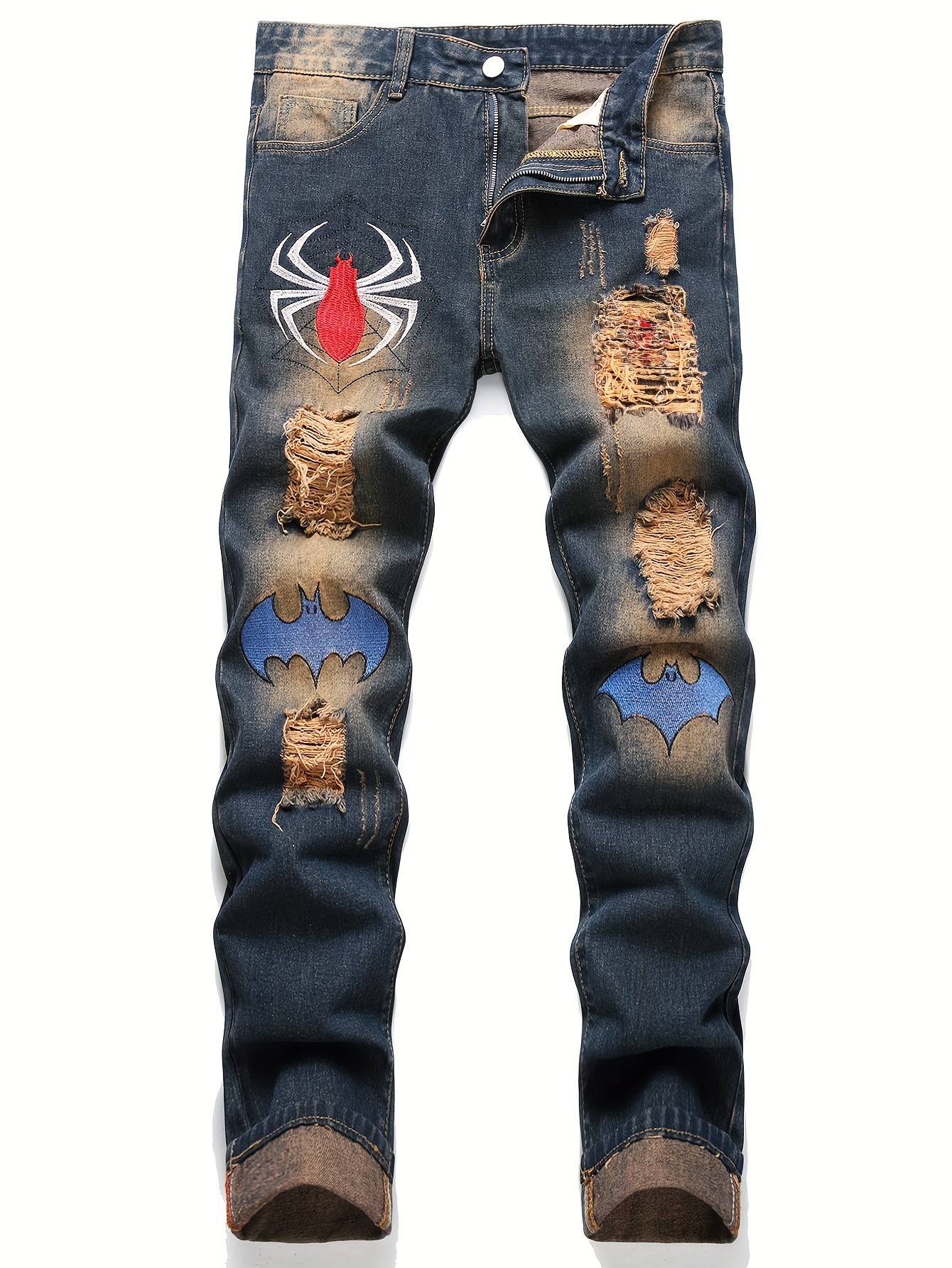 Y2k Distressed Star Pattern Jeans, Men's Halloween Casual Street Style  Loose Fit Denim Pants For The Four Seasons