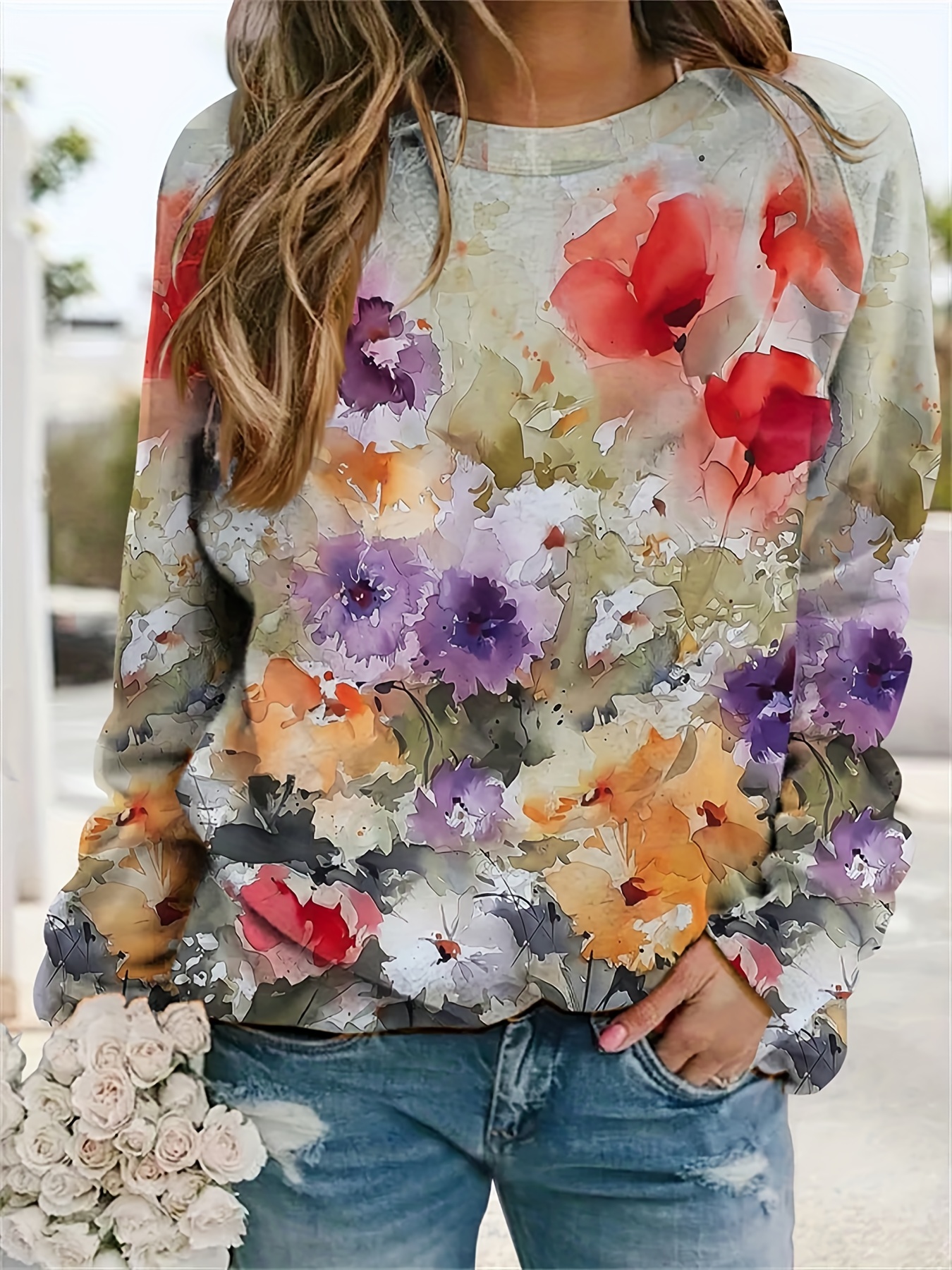 Plus Size Casual Sweatshirt, Women's Plus Floral Print Long Sleeve