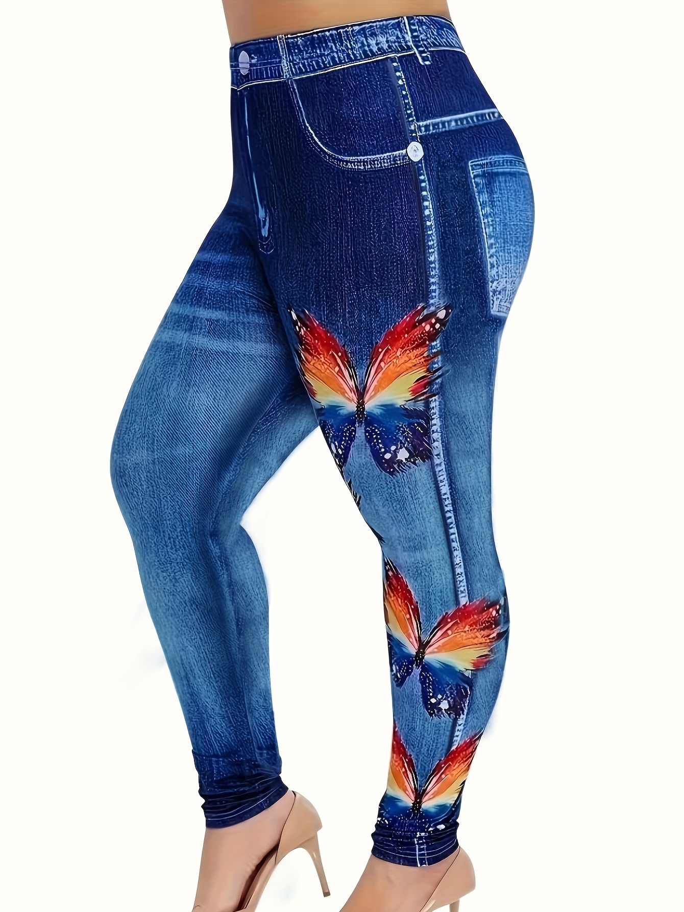 Butterfly Denim Print Skinny Leggings Stretchy High Waist - Temu