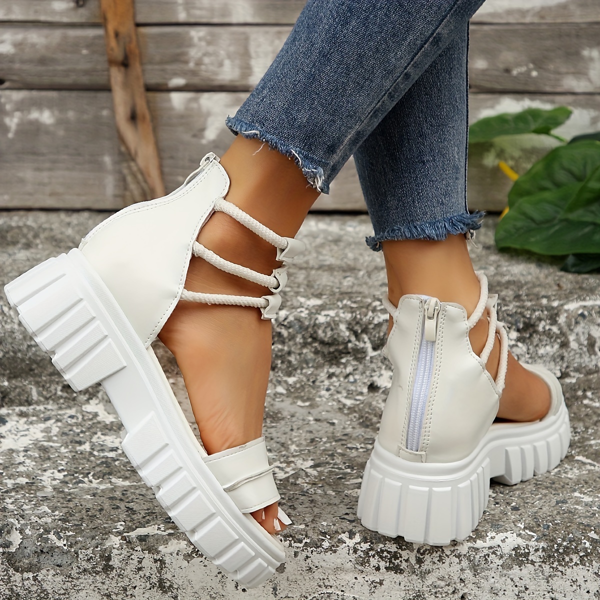 Women's Double Band Platform Sandals Roman Style Zipper Back